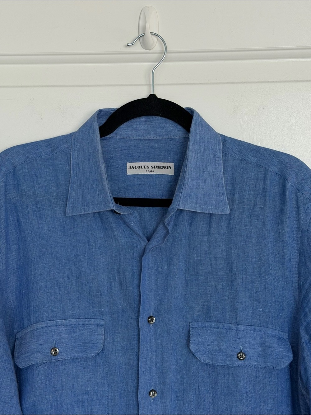 Italian Made Linen Jacques Simenon Vintage Blue Button Up Shirt Designer Luxury